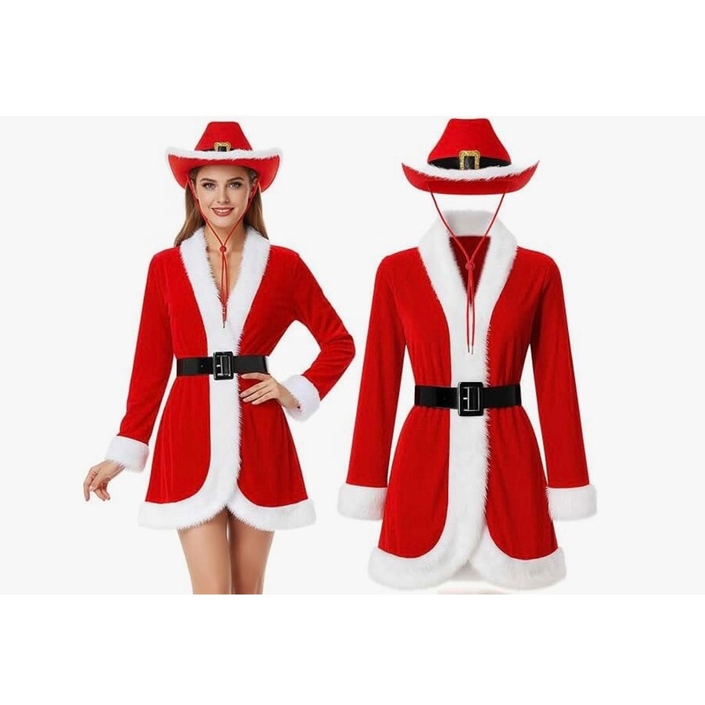 Womens Christmas Cowgirl Costume Set Red Velvet Santa Dress Hat Belt Shorts